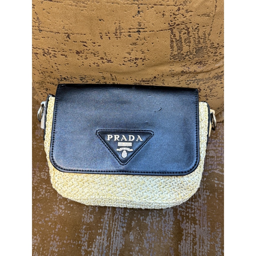 Prada Woven Straw and Black Leather Crossbody Bag Triangle Logo Made in Italy